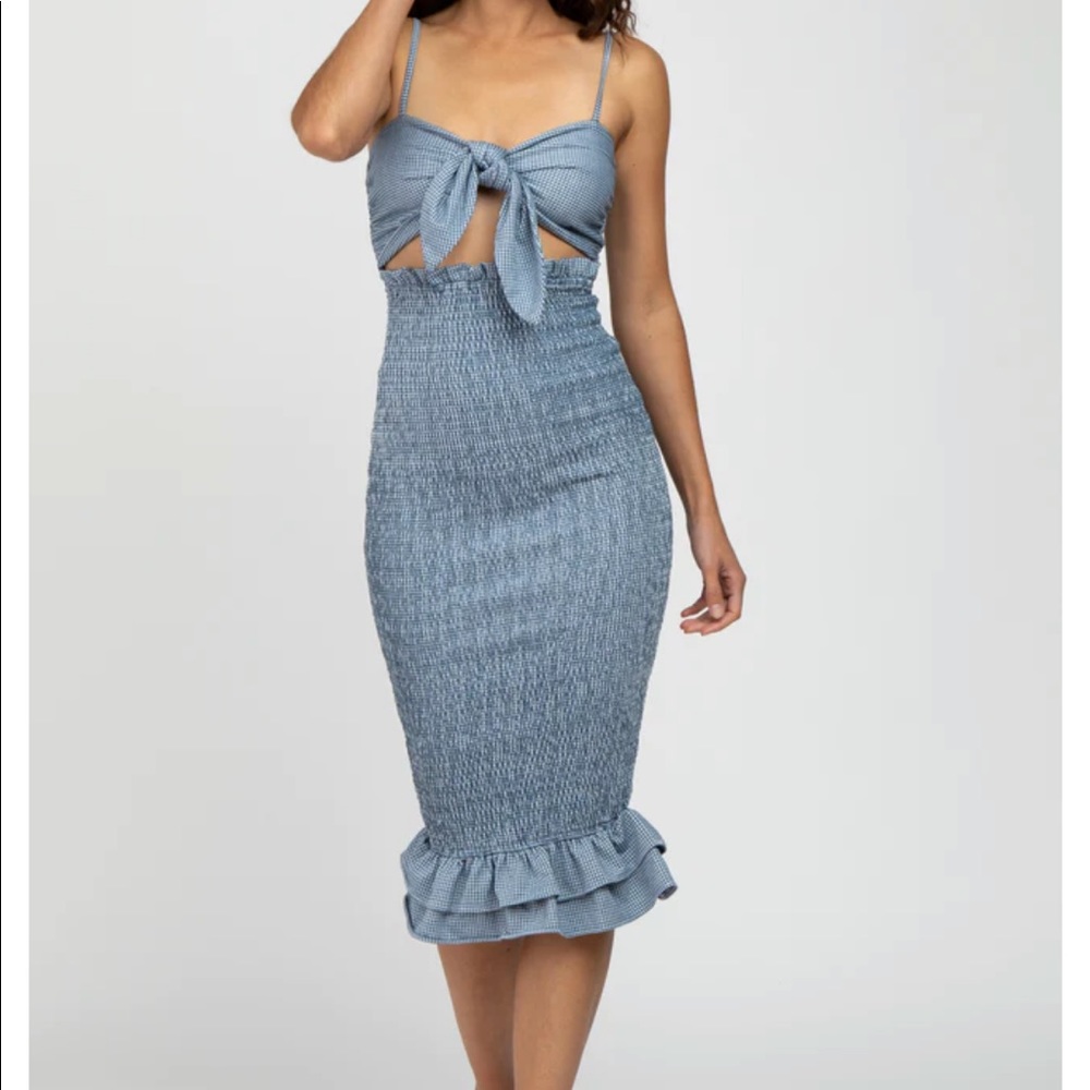 Smocked tie front blue dress